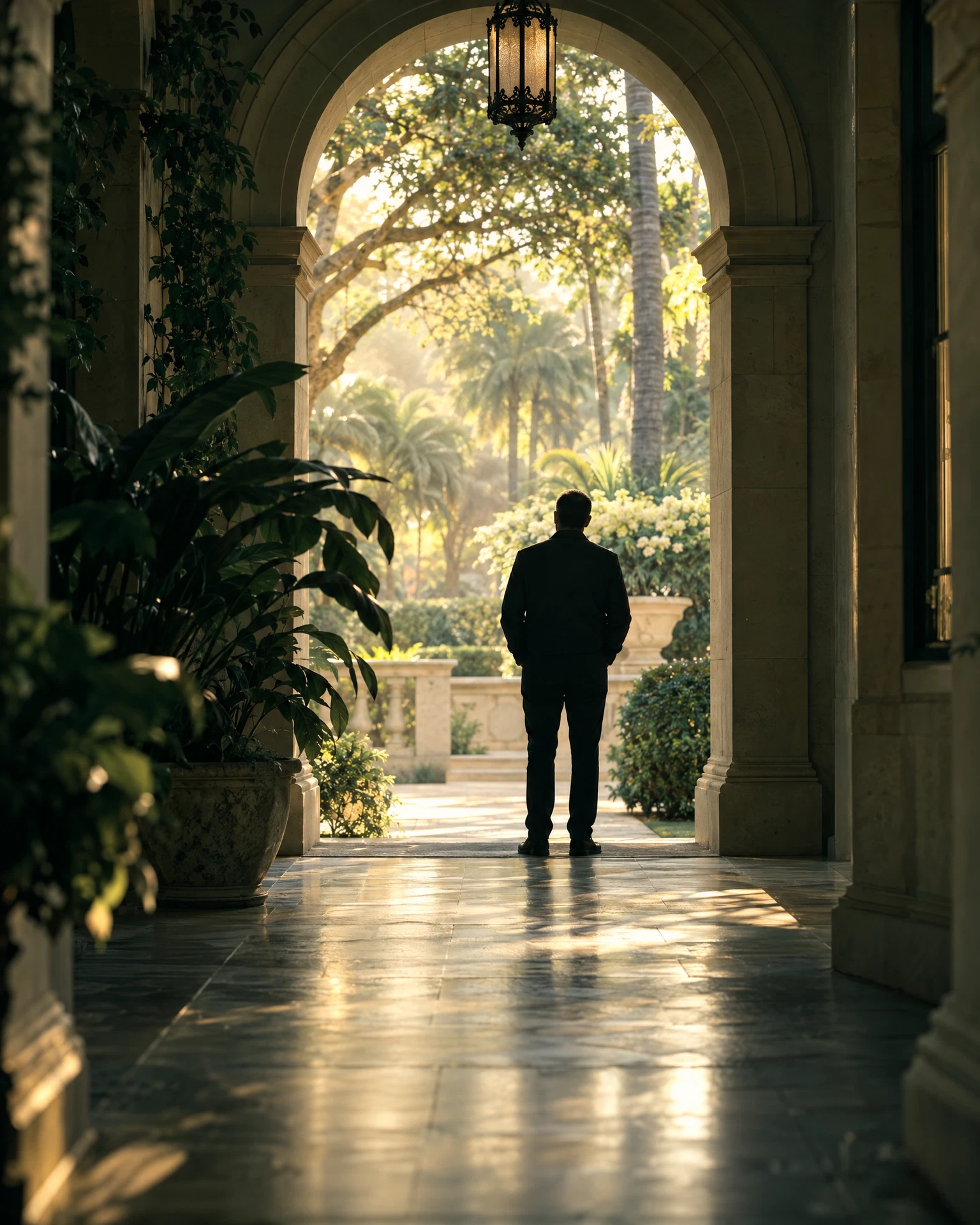 Illustrative anonymous person in a light-filled walkway